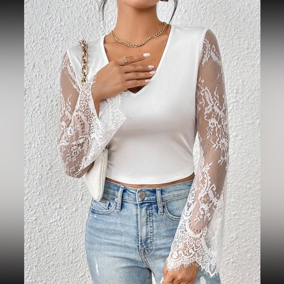 White Boho Sheer Mesh Lace Flare Sleeve Open Back Tie Cropped Top - Picture 4 of 6